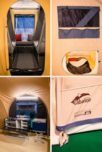 <strong>Linksboven</strong><br /> In de wagen royale<br /> bedden met eronder bagageruimte.<br /> <strong>Rechtsboven</strong><br /> Een praktische opbergzak én een kijkje naar het onderste bed.<br /> <strong>Linksonder</strong><br /> In de voortent kan met gemak een (eco) keukenblok en koeling geplaatst worden.<br /> <strong>Rechtsonder</strong><br /> Cabanon vouwwagens worden gemaakt van topkwaliteit materialen,<br /> in Frankrijk.